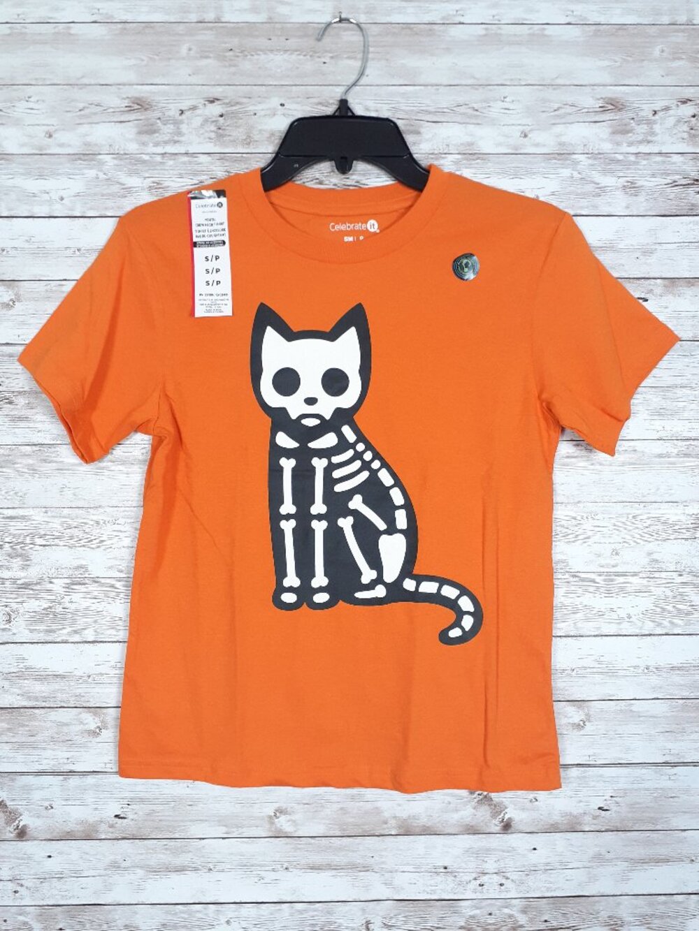 Halloween Youth T Shirt Kids Tee Cat Skeleton Orange Glow in the Dark 972A